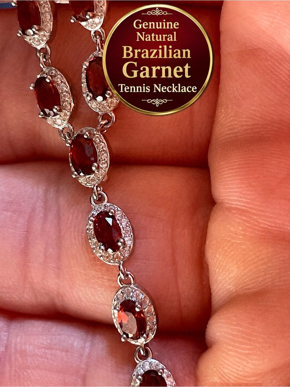 8.25ct Garnet Tennis Necklace white Sapphire 14k white Gold on 925 Silver